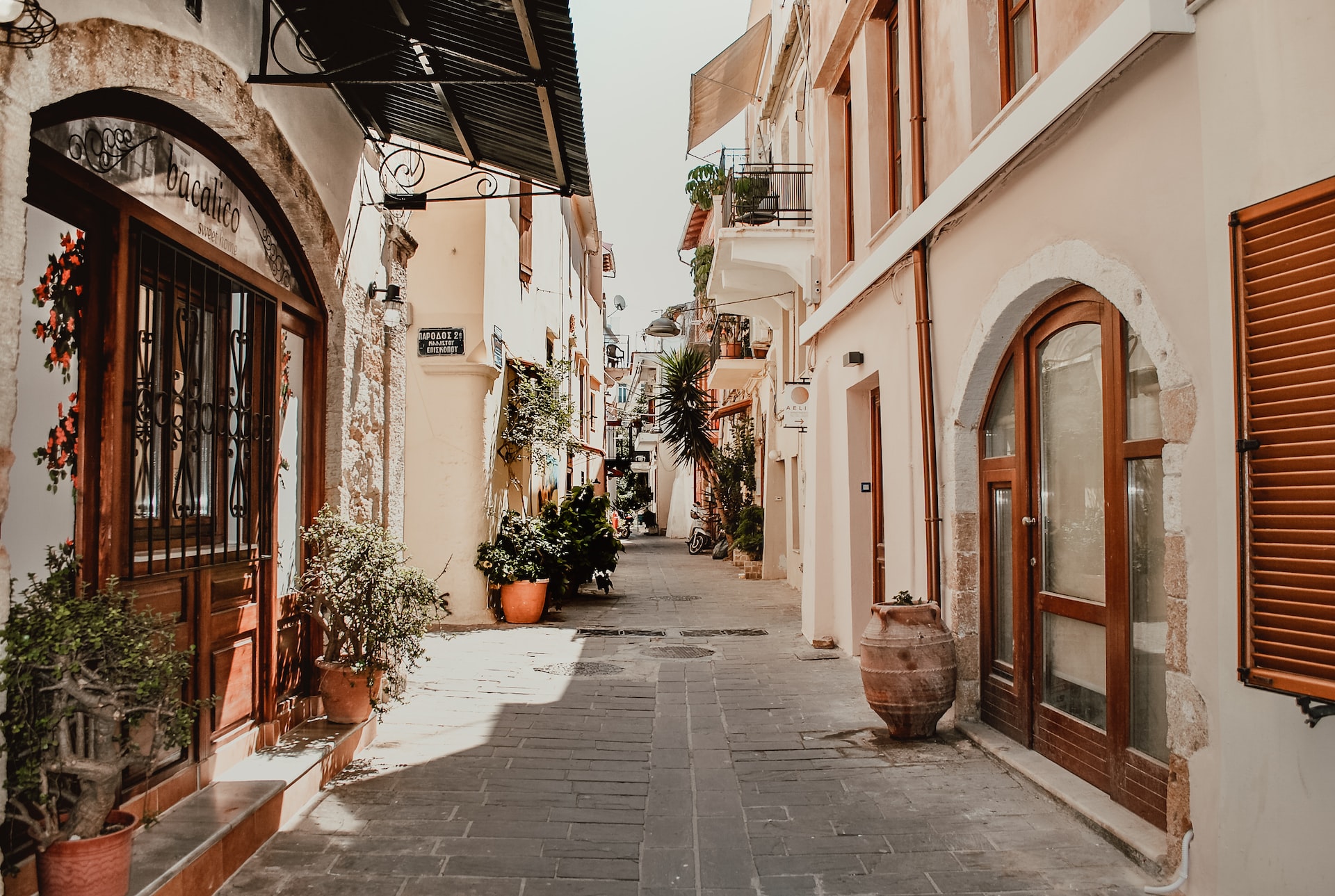 a narrow street with potted plants on either side